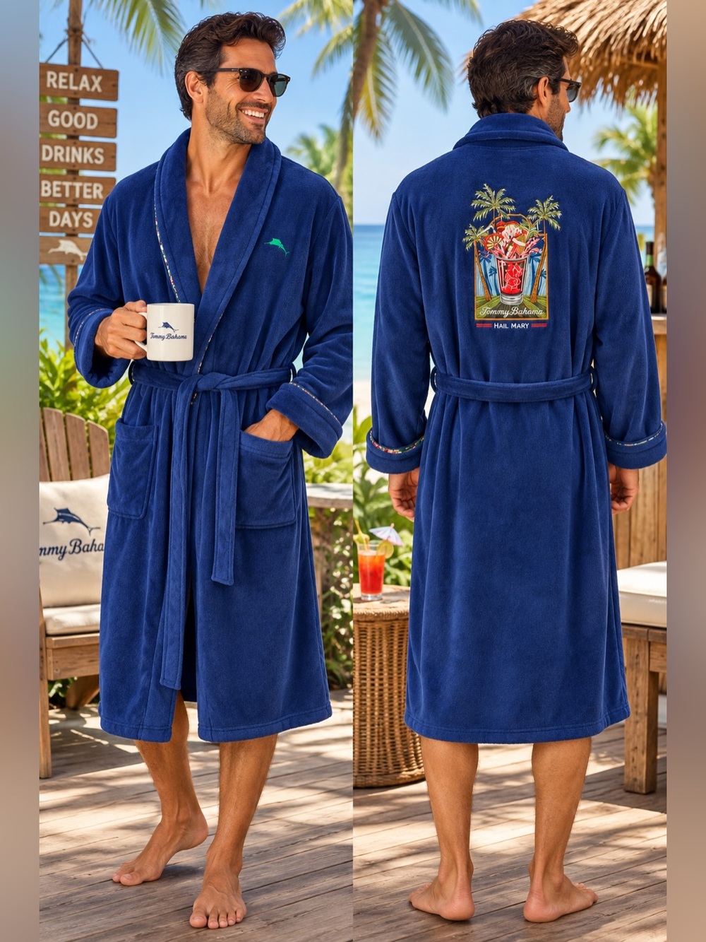 Tommy Bahama Robe Men’s XXL Hail Mary Navy Plush Embroidered